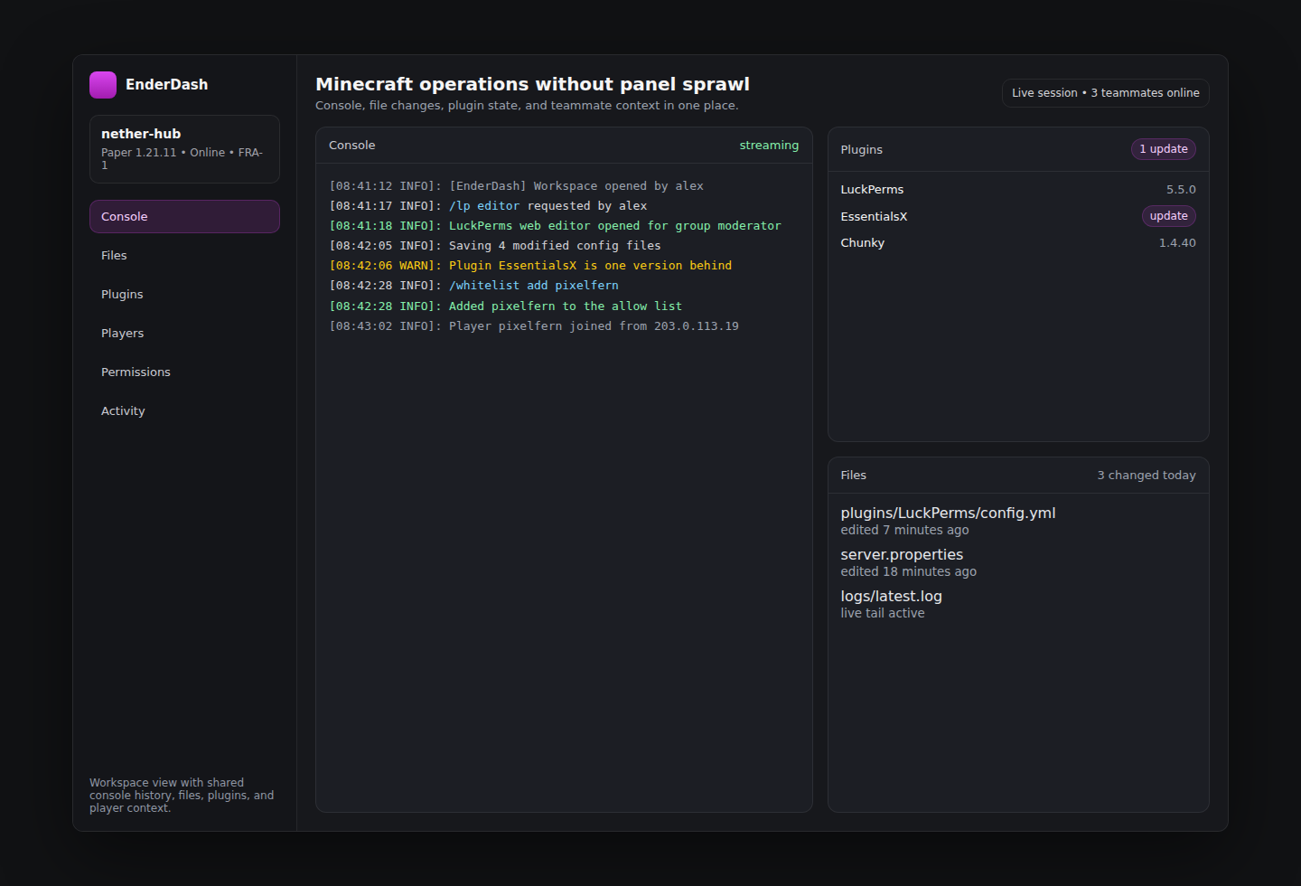 A locally created EnderDash workspace preview showing console, plugin status, and file changes in one view.