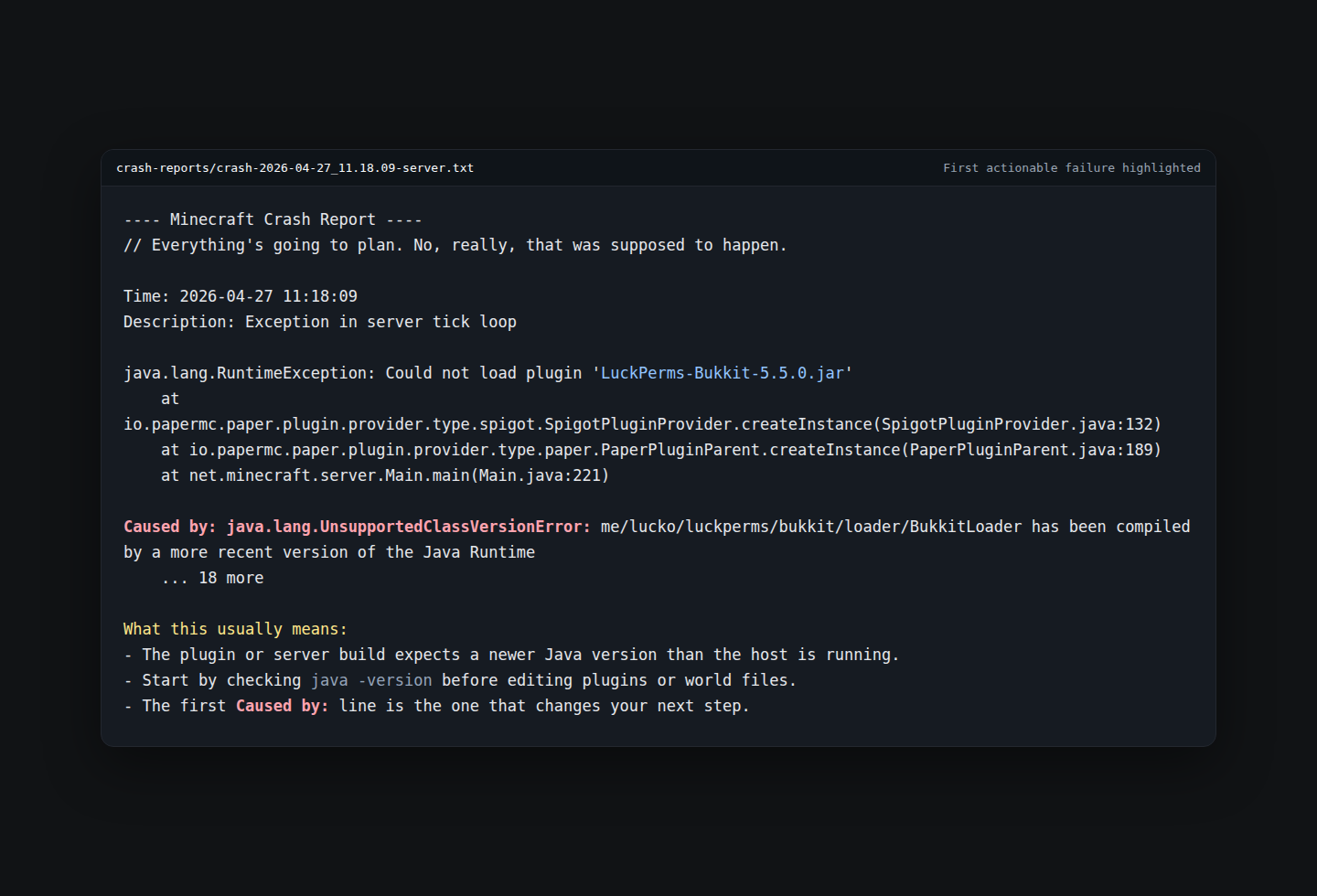 A recreated Minecraft crash report with the first Caused by line highlighted as the key diagnosis point.