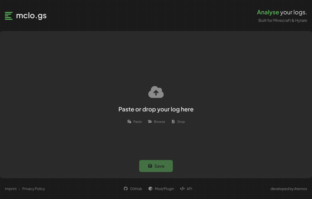 The mclo.gs home page with a large drop zone labeled paste or drop your log here, plus paste, browse, and drop options and a save button.