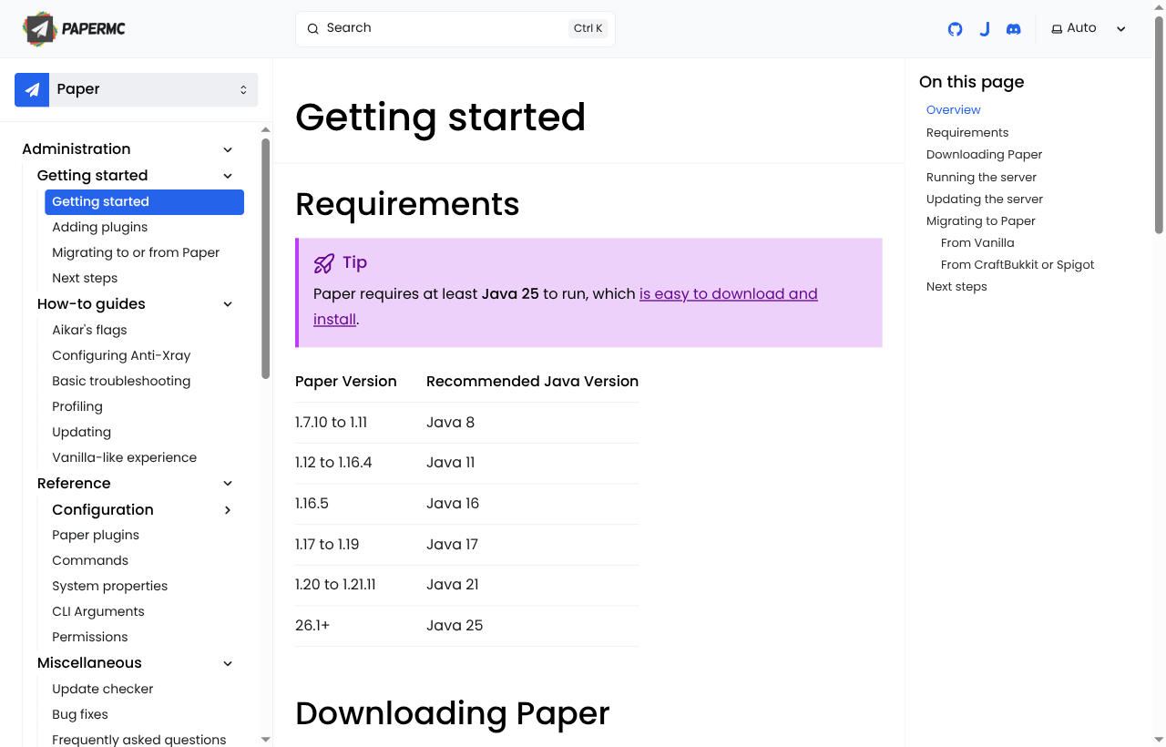 The PaperMC getting-started page showing the recommended Java version for each Paper release, from Java 8 for 1.7.10 through Java 25 for 26.1+.