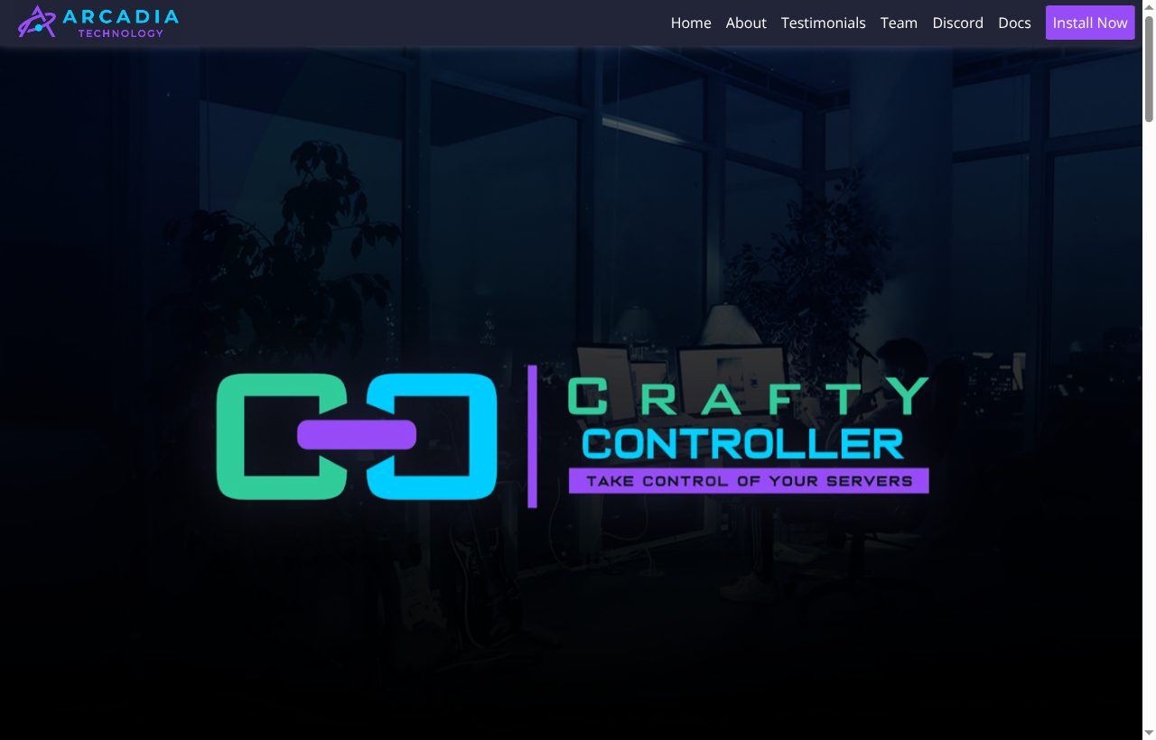 Crafty Controller home page with a dark hero and the tagline take control of your servers.