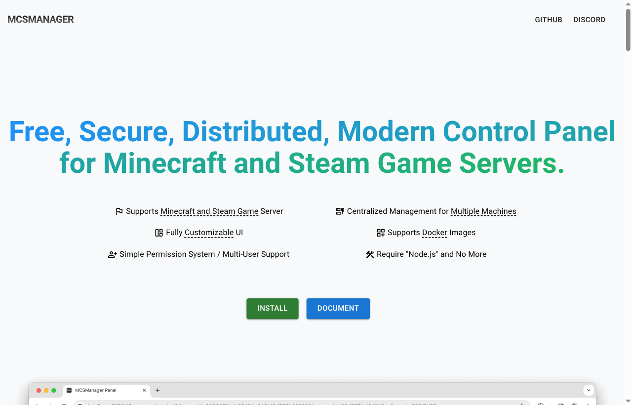 MCSManager home page describing a free, distributed control panel for Minecraft and Steam game servers.