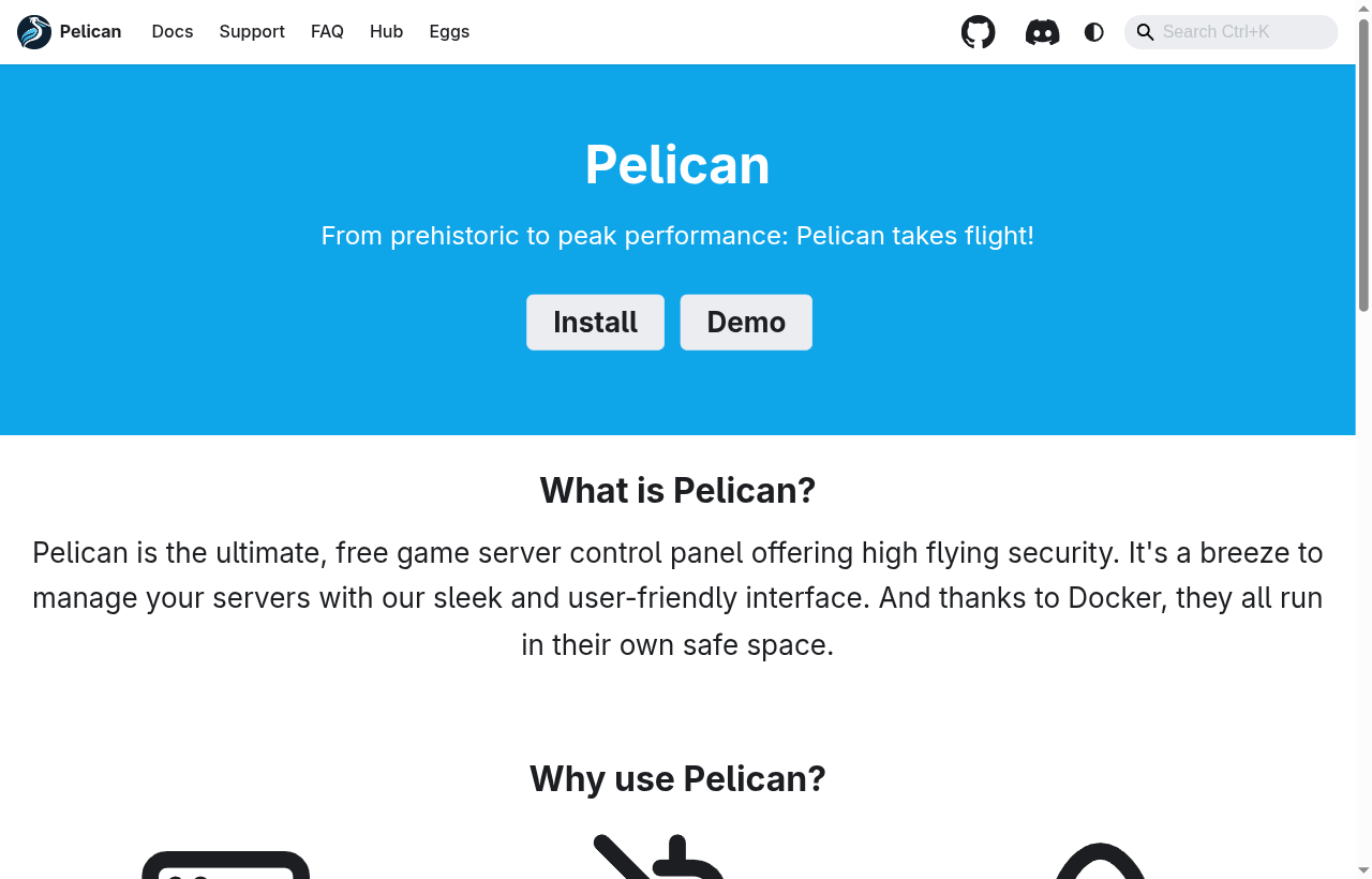 Pelican home page with prominent Install and Demo buttons.