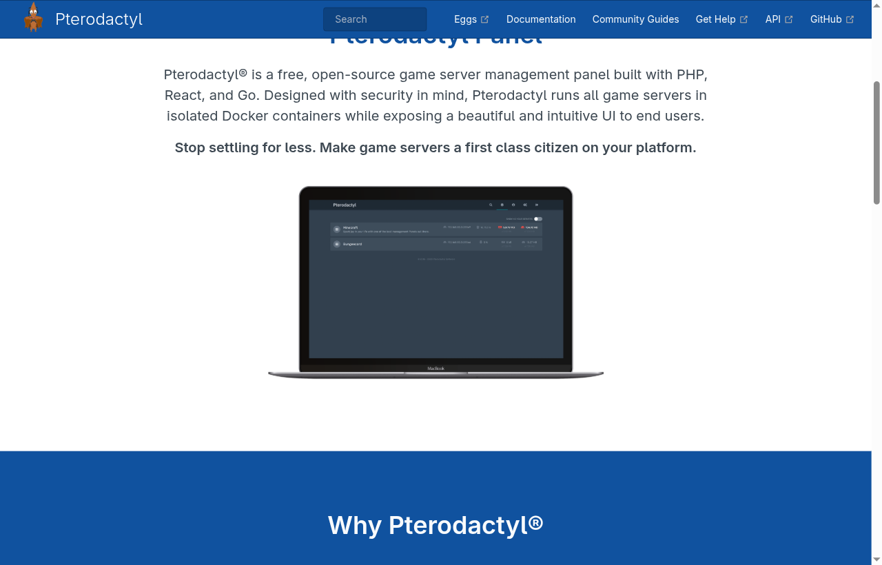 Pterodactyl home page showing a panel UI inside a laptop frame.