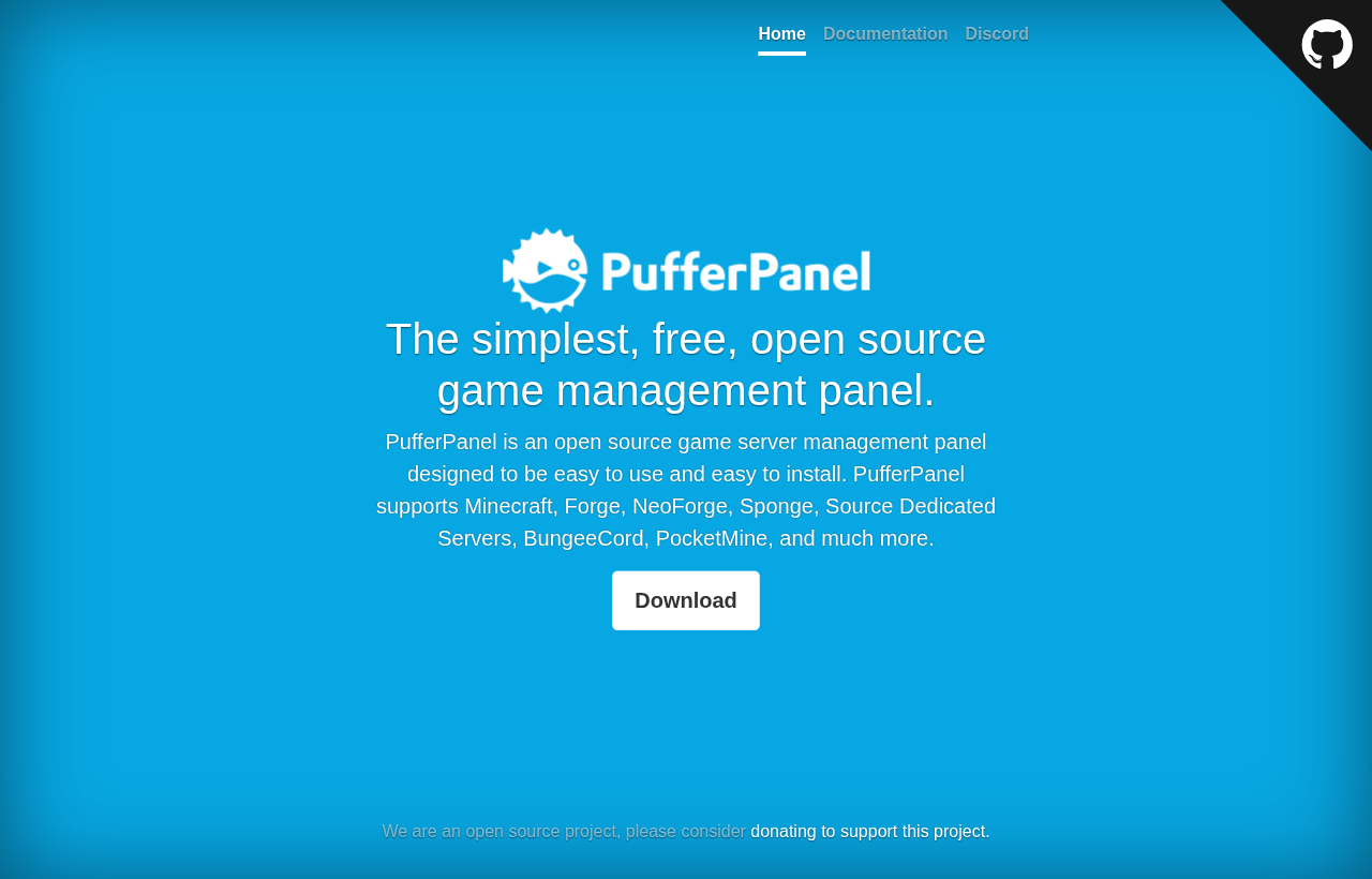 PufferPanel home page advertising open-source game server management for Minecraft, Forge, NeoForge, Sponge, and other game servers.