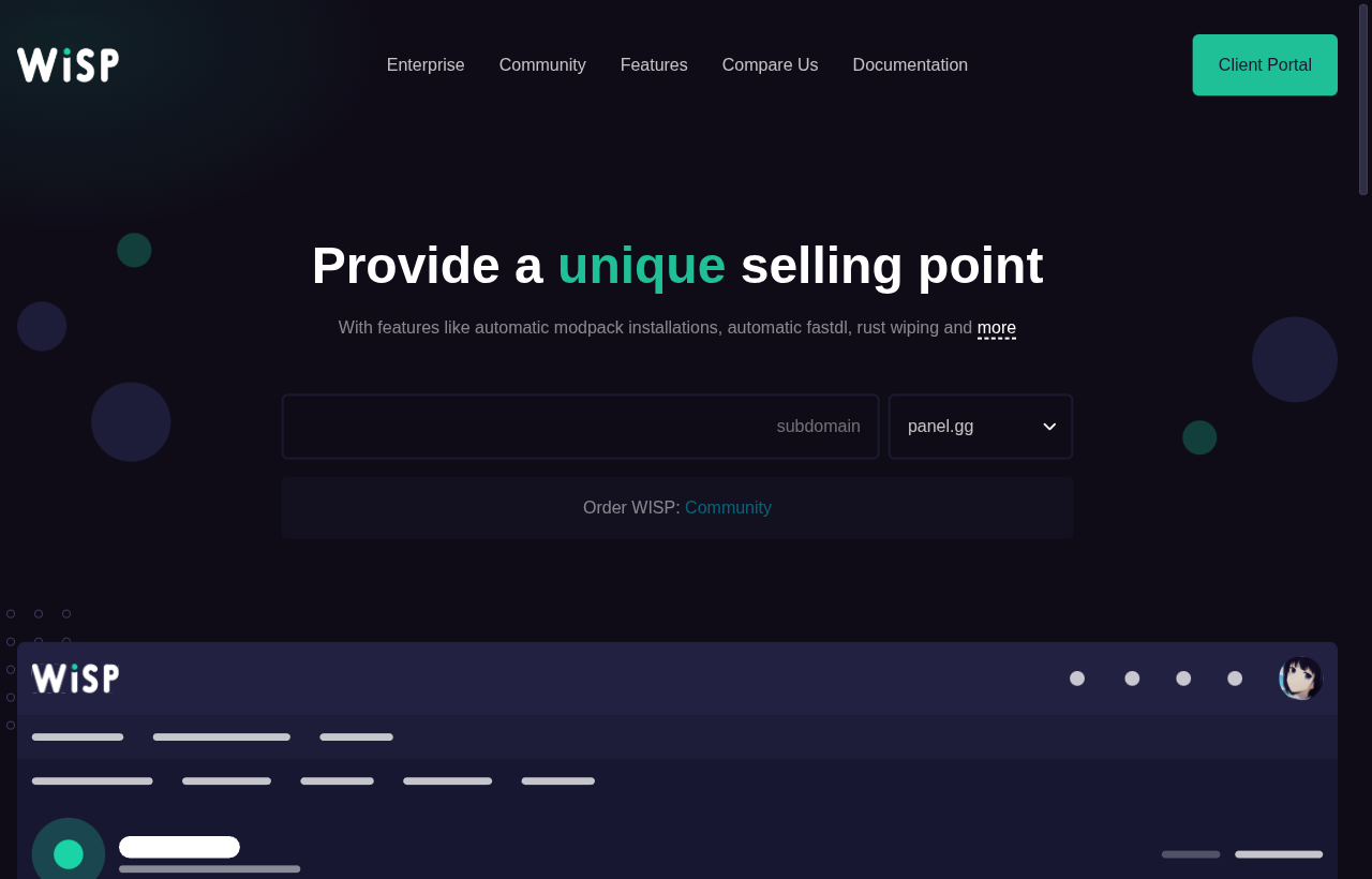 WISP home page positioned as a game panel platform with hosted enterprise and community offerings.